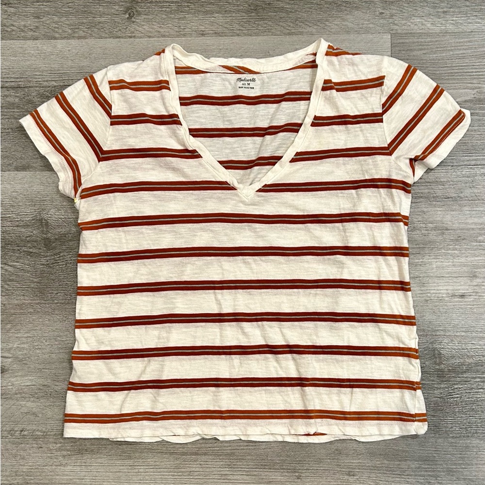 Madewell Cream V-Neck Tee with Rust and Burnt Orange Stripes